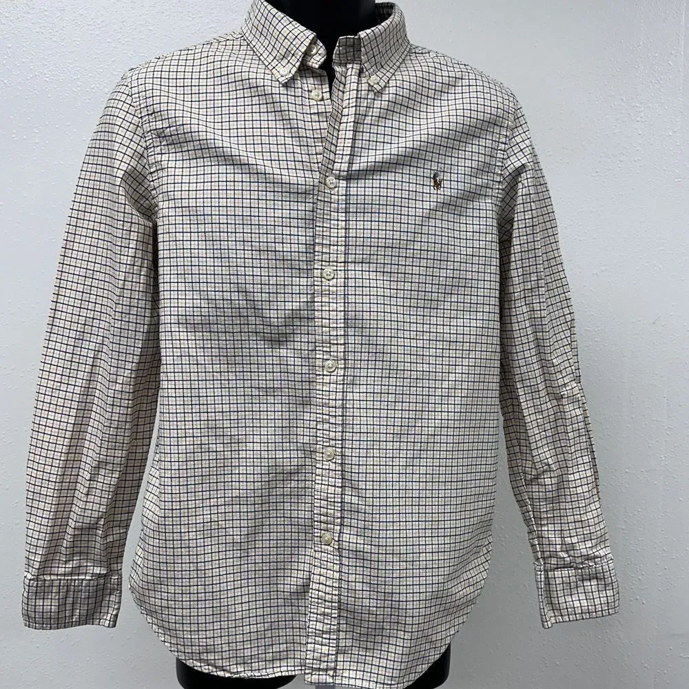 Ralph Lauren Light Brown Blue Checkered Button Down Long Sleeve Shirt Size Small